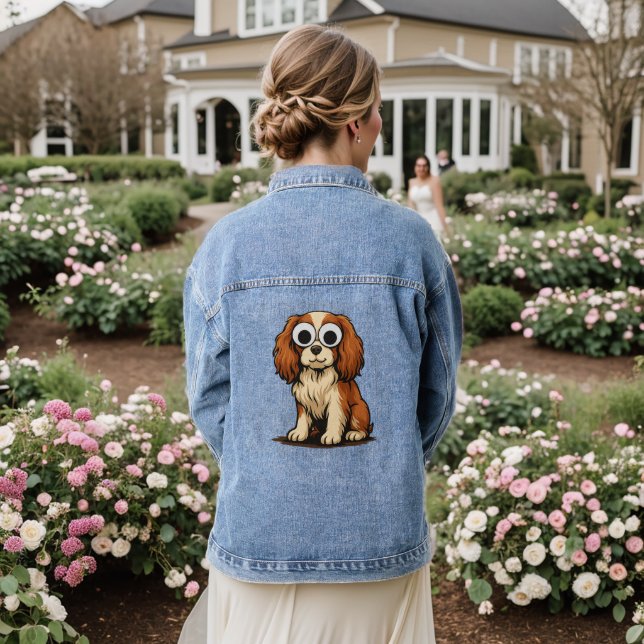Cute Googly-Eye Puppy Illustration Denim Jacket (Wedding Back)