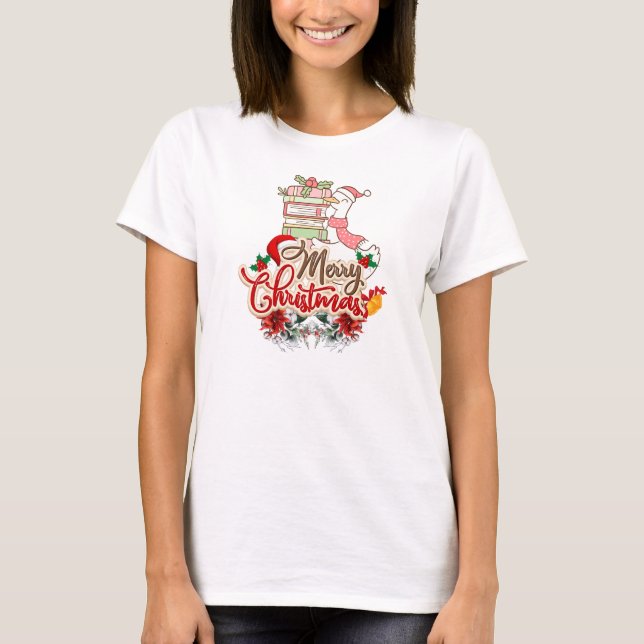 Cute Goose Book Lover Merry Christmas Whimsical T-Shirt (Front)