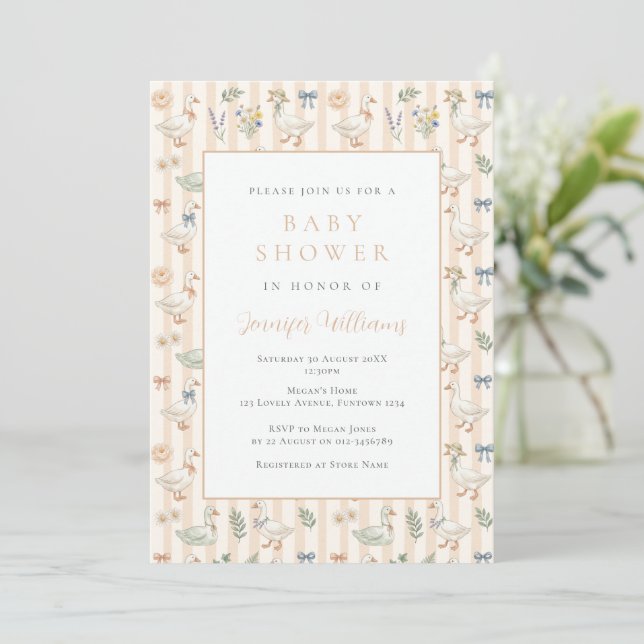 Cute Goose Stripe Baby Shower Invitation (Standing Front)
