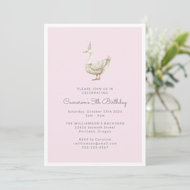 Cute Goose Watercolor Pink 5th Birthday Party Invitation (Standing Front)