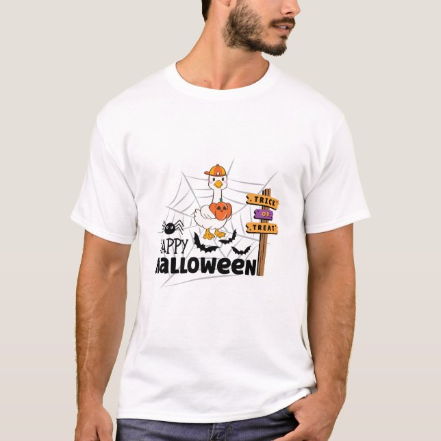 Cute Goose with Pumpkin Trick or Treat Halloween  T-Shirt (Front)