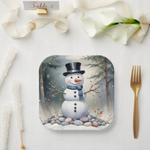 Cute Gorgeous Snowman Frosted Landscape Forest Paper Plate