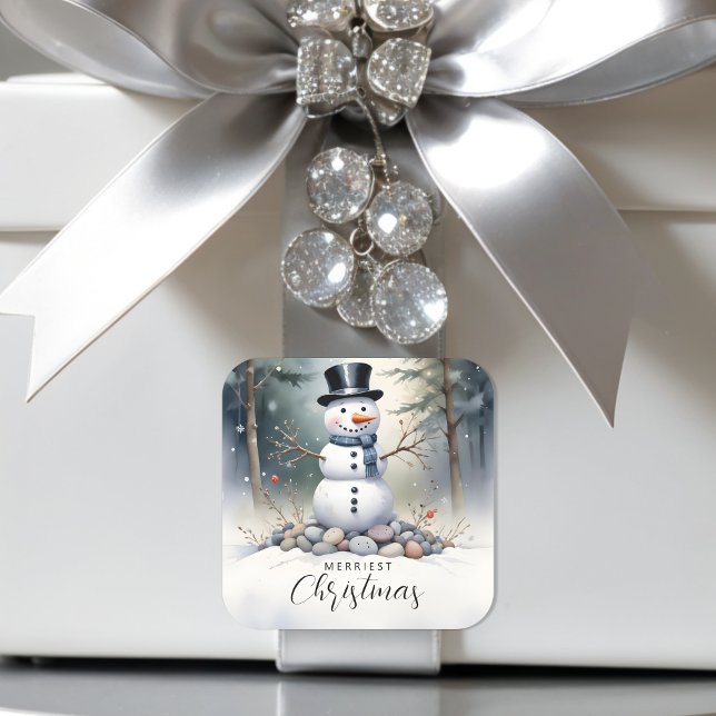 Cute Gorgeous Snowman Frosted Landscape Forest Square Sticker (Cute Gorgeous Snowman Frosted Landscape Forest Christmas Square Stickers. )