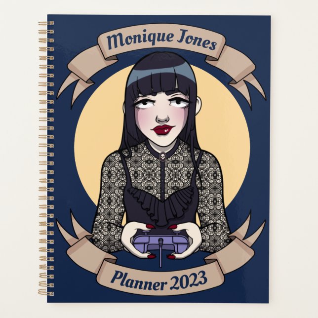 Cute Goth Gamer Girl Cartoon Drawing Name Year Planner (Front)