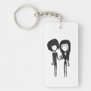 Cute Goth Girl and Boy Pencil Drawing Key Ring