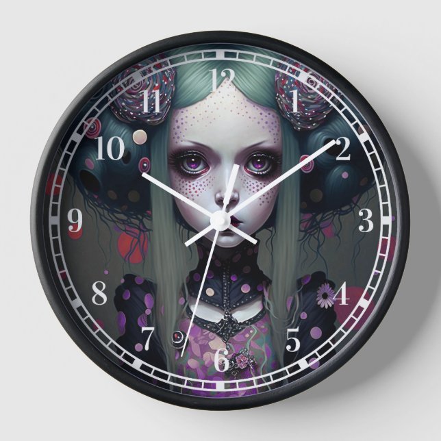 Cute Goth Girl Purple Black Fantasy Art Clock (Front)