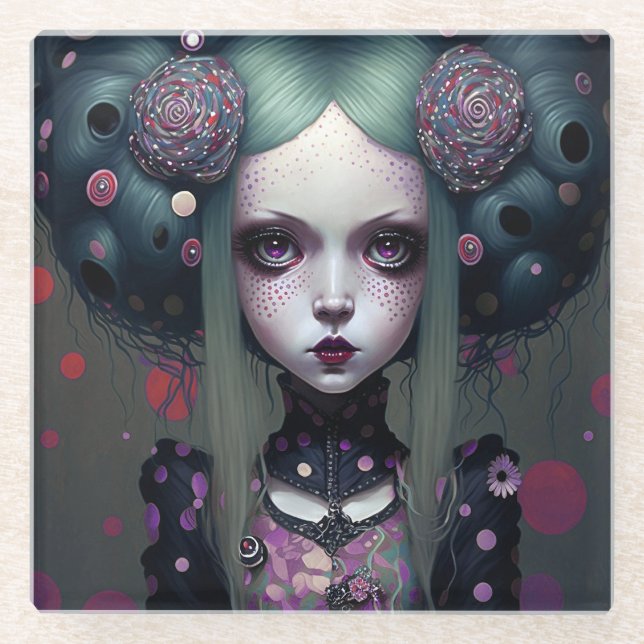 Cute Goth Girl Purple Black Fantasy Art Glass Coaster (Front)