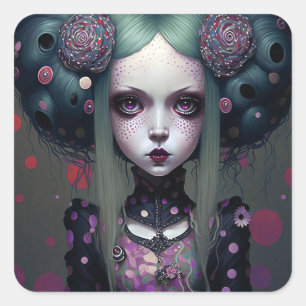 Cute Goth Girl Purple Black Fantasy Art Square Sticker