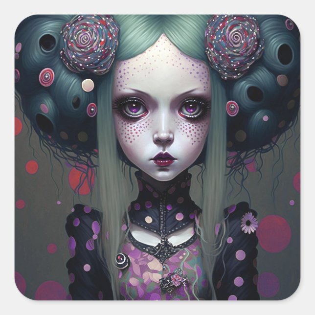 Cute Goth Girl Purple Black Fantasy Art Square Sticker (Front)
