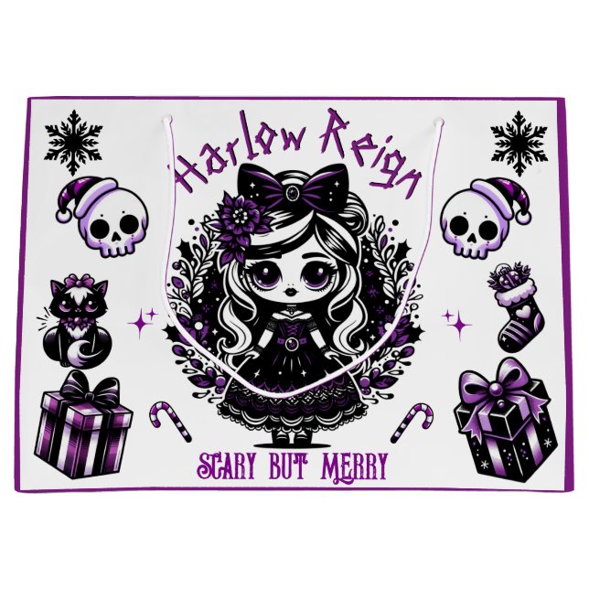 Cute Goth Girl Purple & Black Gothic Christmas Large Gift Bag (Front)