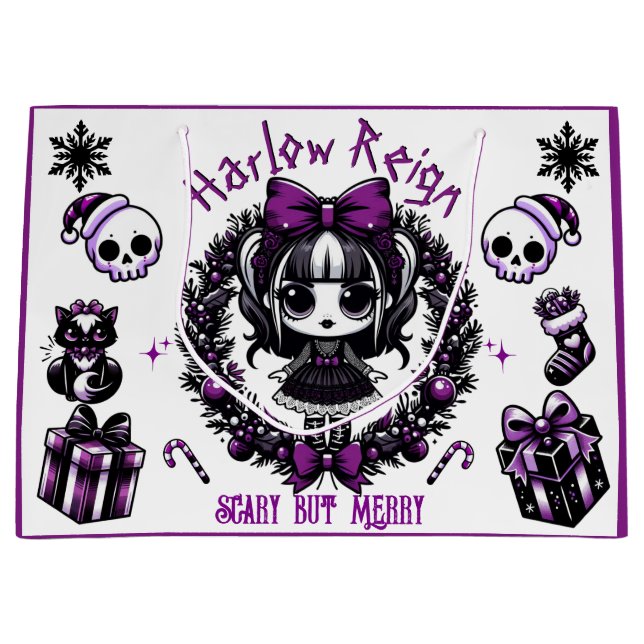 Cute Goth Girl Purple & Black Gothic Christmas Large Gift Bag (Front)