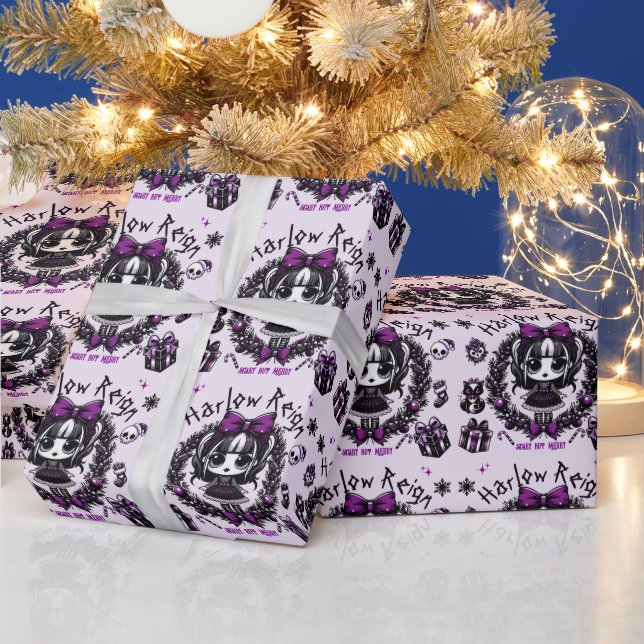 Cute Goth Girl Purple & Black Gothic Christmas Wrapping Paper (Holidays)