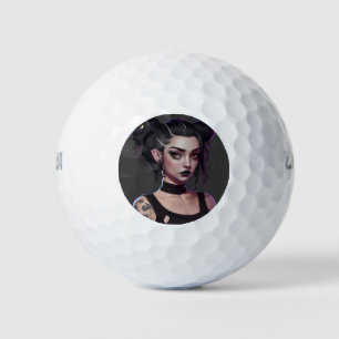 Cute Goth Girl with Buns and Tattoos Golf Balls