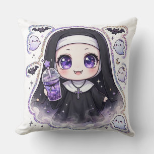 Cute Goth Nun Galaxy Boba Tea Kawaii Halloween Cushion