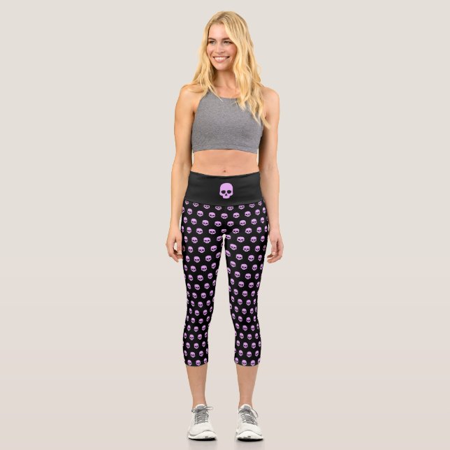 Cute Goth Pink Skulls  Capri Leggings (Front)