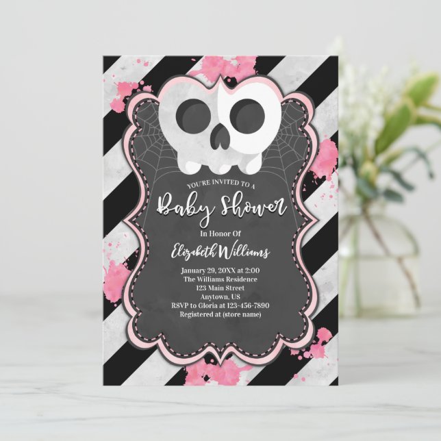 Cute Goth Punk Skull Girl Baby Shower Invitation (Standing Front)