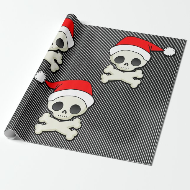Cute Goth Skulls in Santa Hats Wrapping Paper (Unrolled)