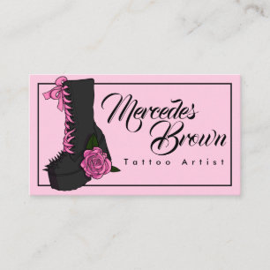 Cute Gothic Boot Pink Rose Tattoo Artist Business Card