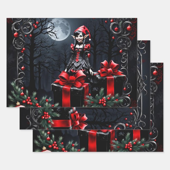 Cute Gothic Christmas Elf.  Wrapping Paper Sheet (Set)
