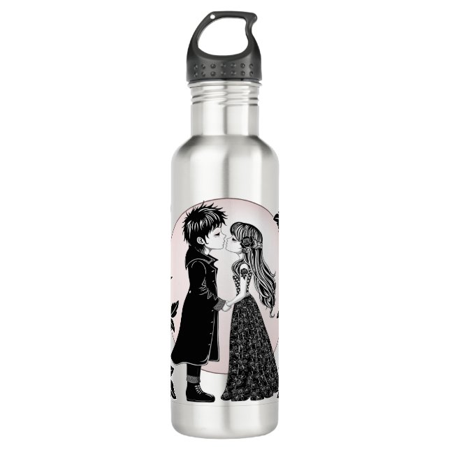 Cute Gothic Emo Kids Kiss Valentine's Day  710 Ml Water Bottle (Front)