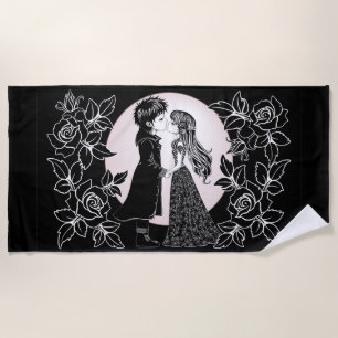 Cute Gothic Emo Kids Kiss Valentine's Day  Beach Towel
