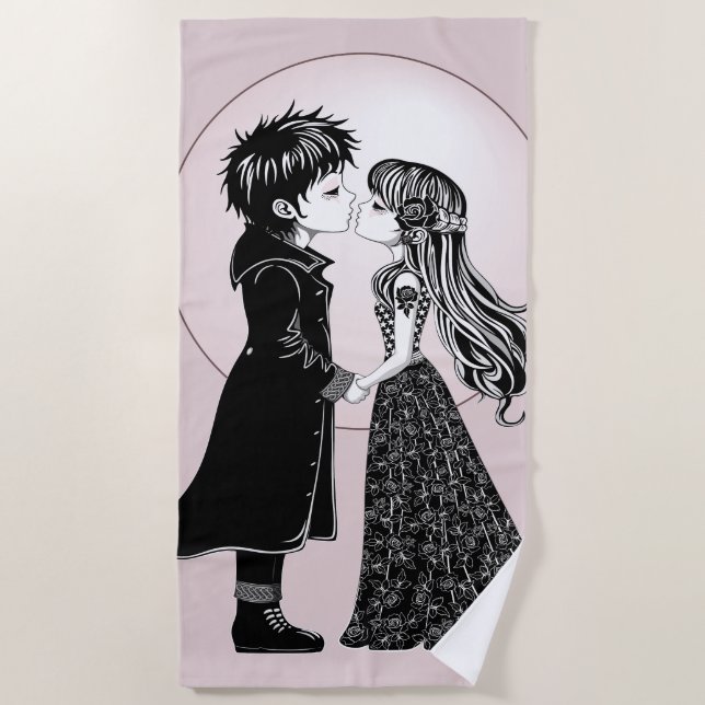 Cute Gothic Emo Kids Kiss Valentine's Day  Beach Towel (Front)