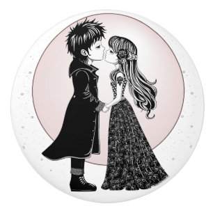 Cute Gothic Emo Kids Kiss Valentine's Day  Ceramic Knob