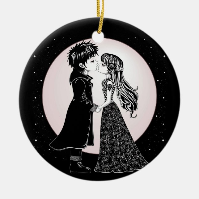 Cute Gothic Emo Kids Kiss Valentine's Day  Ceramic Tree Decoration (Front)