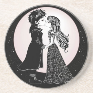 Cute Gothic Emo Kids Kiss Valentine's Day Coaster
