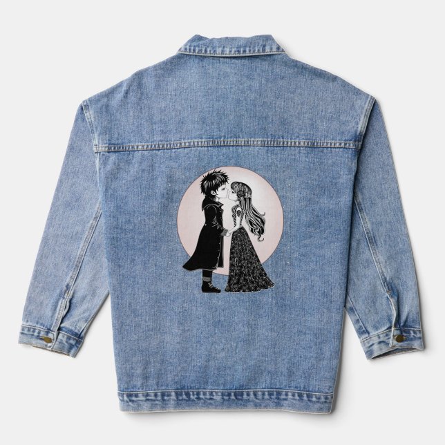 Cute Gothic Emo Kids Kiss Valentine's Day  Denim Jacket (Back)