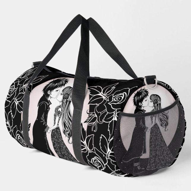 Cute Gothic Emo Kids Kiss Valentine's Day  Duffle Bag (Right Corner)