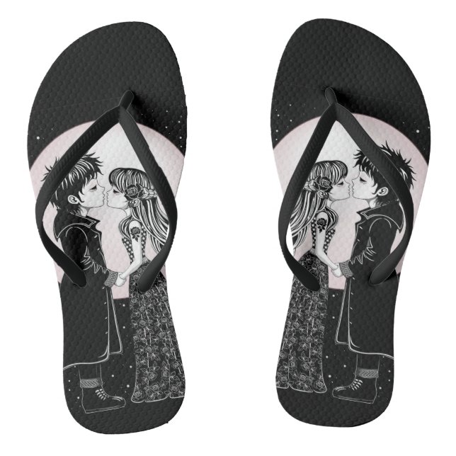 Cute Gothic Emo Kids Kiss Valentine's Day  Flip Flops (Footbed)