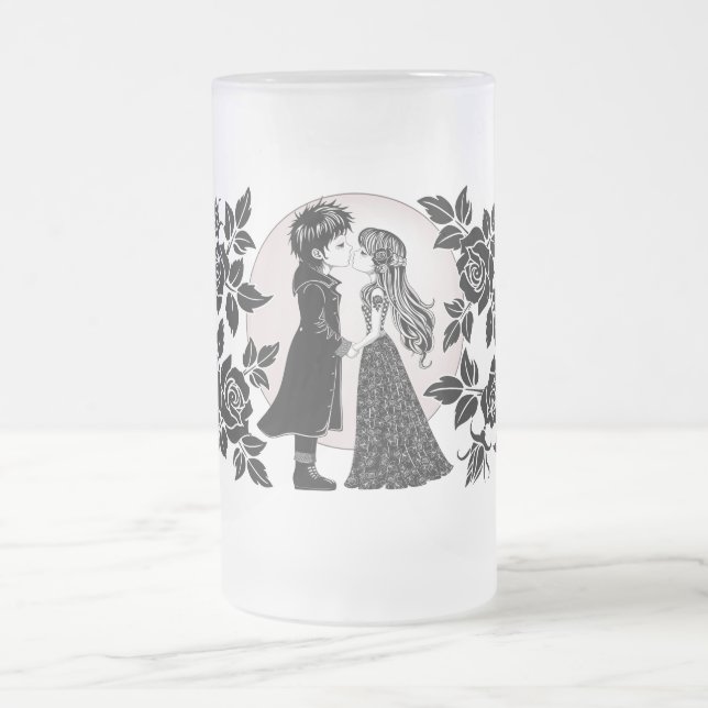 Cute Gothic Emo Kids Kiss Valentine's Day  Frosted Glass Beer Mug (Center)