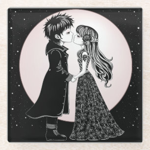 Cute Gothic Emo Kids Kiss Valentine's Day Glass Coaster
