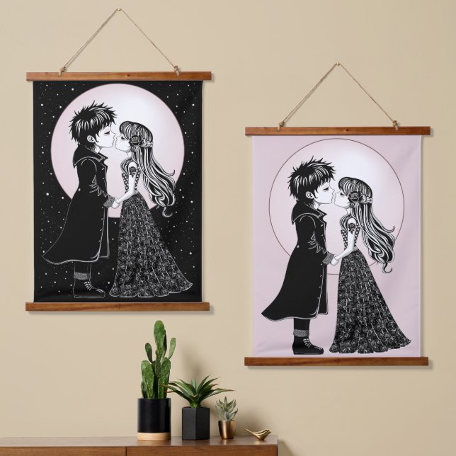 Cute Gothic Emo Kids Kiss Valentine's Day  Hanging Tapestry (Asymmetrical)