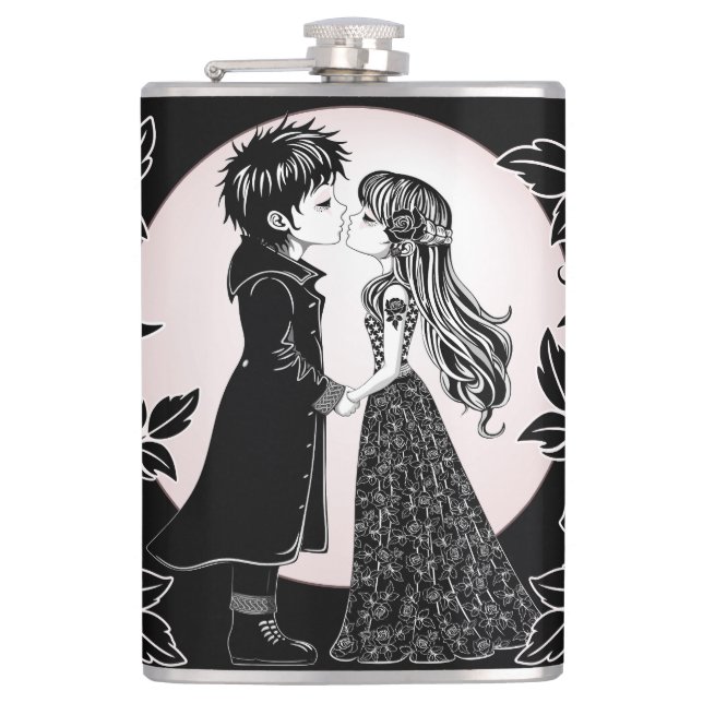 Cute Gothic Emo Kids Kiss Valentine's Day  Hip Flask (Front)