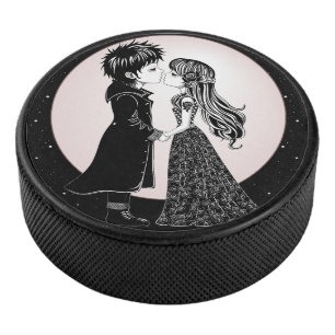 Cute Gothic Emo Kids Kiss Valentine's Day  Hockey Puck