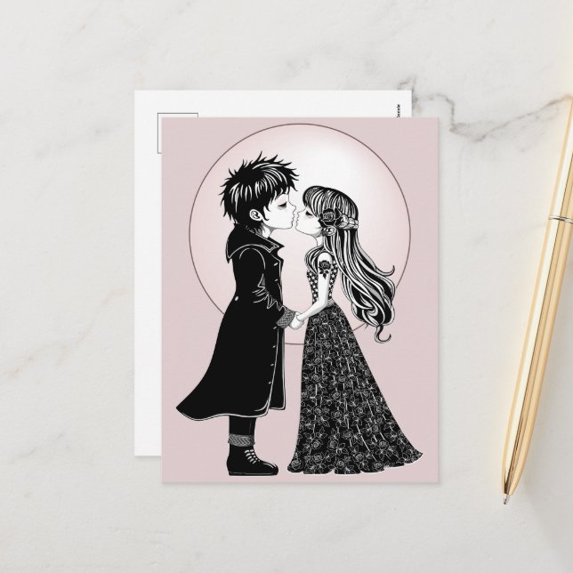 Cute Gothic Emo Kids Kiss Valentine's Day  Holiday Postcard (Front/Back In Situ)