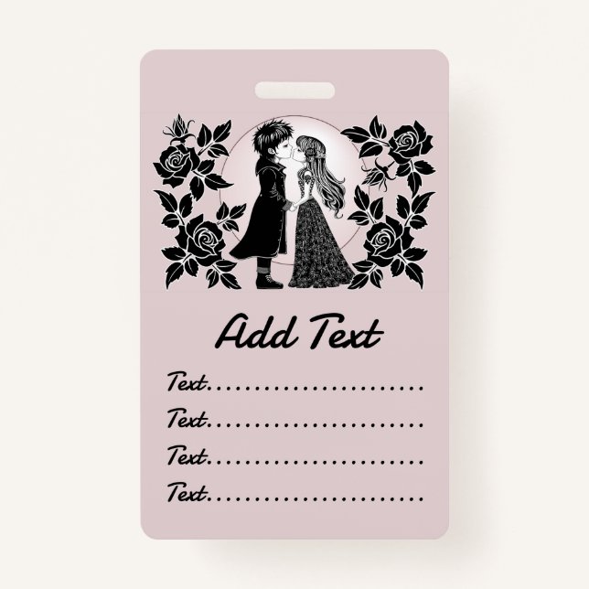 Cute Gothic Emo Kids Kiss Valentine's Day  ID Badge (Front)