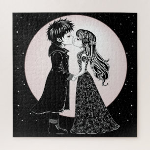 Cute Gothic Emo Kids Kiss Valentine's Day  Jigsaw Puzzle