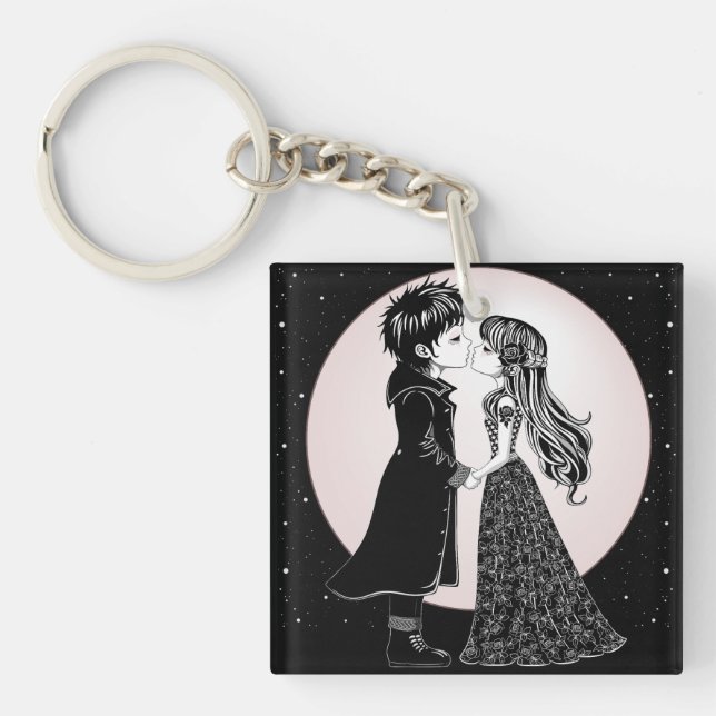 Cute Gothic Emo Kids Kiss Valentine's Day  Key Ring (Front)
