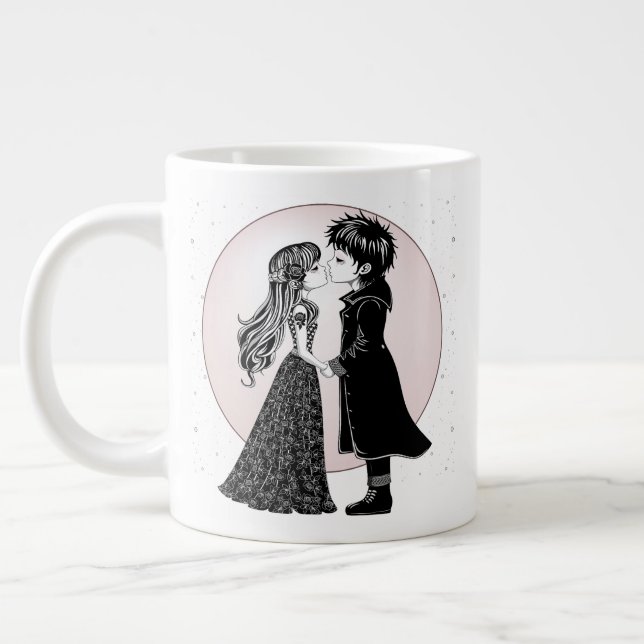 Cute Gothic Emo Kids Kiss Valentine's Day  Large Coffee Mug (Left)