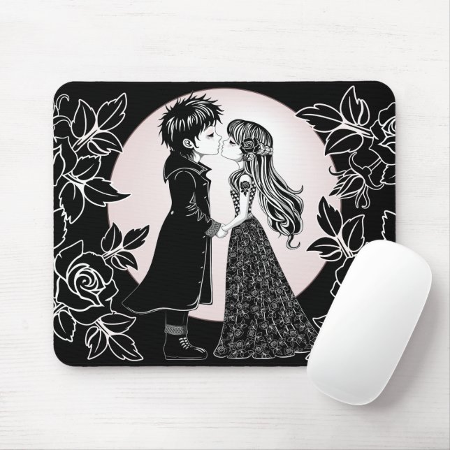 Cute Gothic Emo Kids Kiss Valentine's Day  Mouse Mat (With Mouse)
