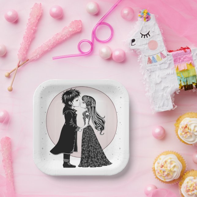 Cute Gothic Emo Kids Kiss Valentine's Day  Paper Plate (Party)