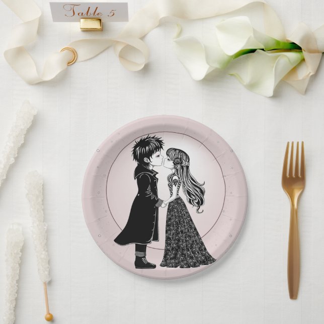 Cute Gothic Emo Kids Kiss Valentine's Day  Paper Plate (Wedding)