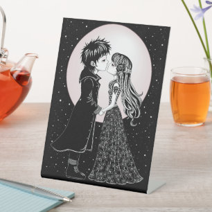 Cute Gothic Emo Kids Kiss Valentine's Day Pedestal Sign