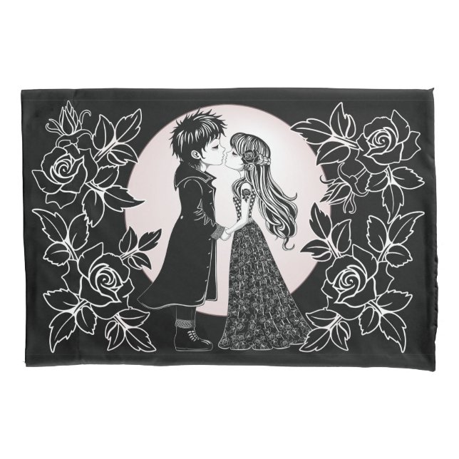 Cute Gothic Emo Kids Kiss Valentine's Day  Pillowcase (Front)