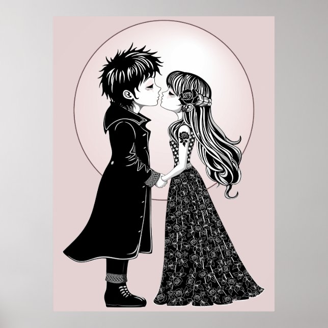 Cute Gothic Emo Kids Kiss Valentine's Day  Poster (Front)