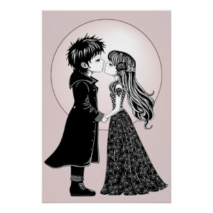 Cute Gothic Emo Kids Kiss Valentine's Day  Poster