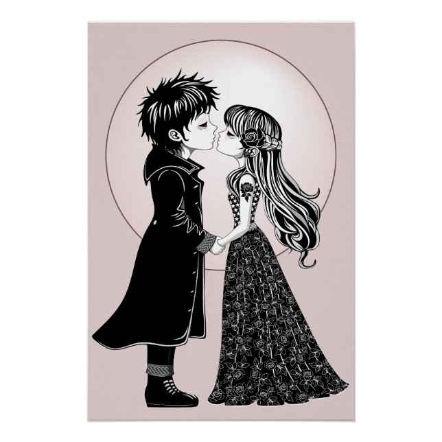 Cute Gothic Emo Kids Kiss Valentine's Day  Poster (Front)